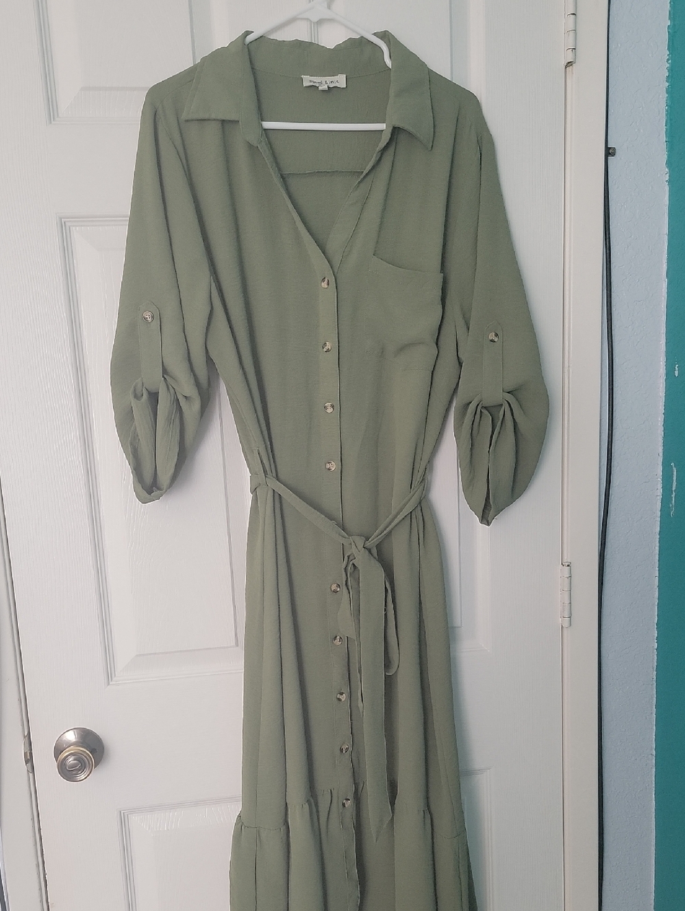 Olive Green Button-Front Shirt Dress with Tie Waist